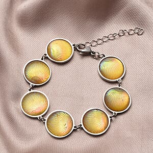Simulated Yellow Magic Color Topaz Seashell Charm Station Bracelet in Stainless Steel (7.50-9.50In)