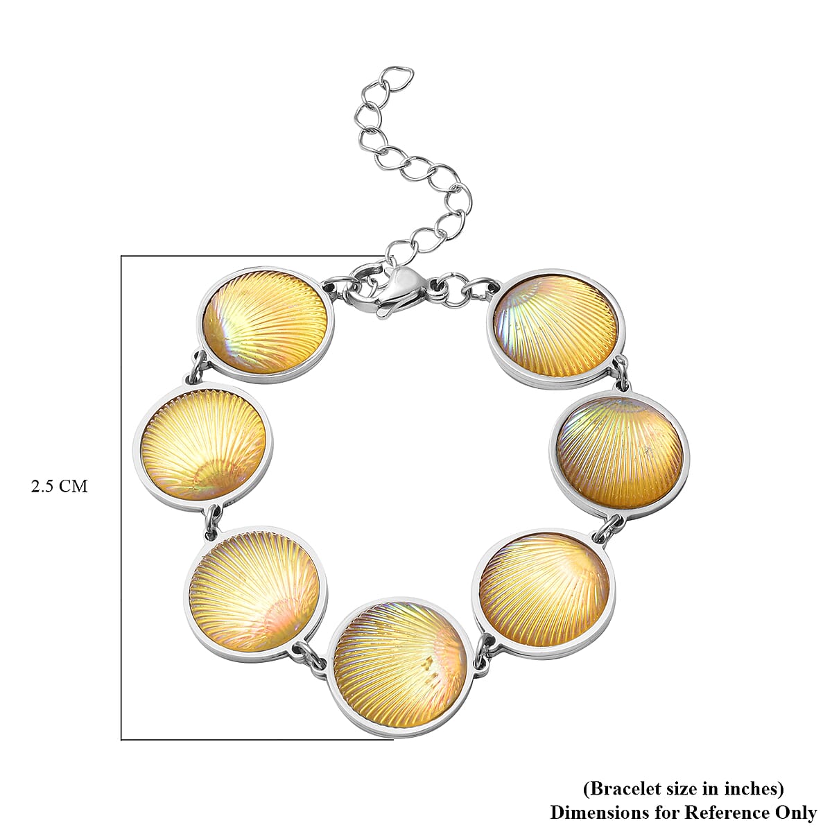 Simulated Yellow Magic Color Topaz Seashell Charm Station Bracelet in Stainless Steel (7.50-9.50In) image number 2