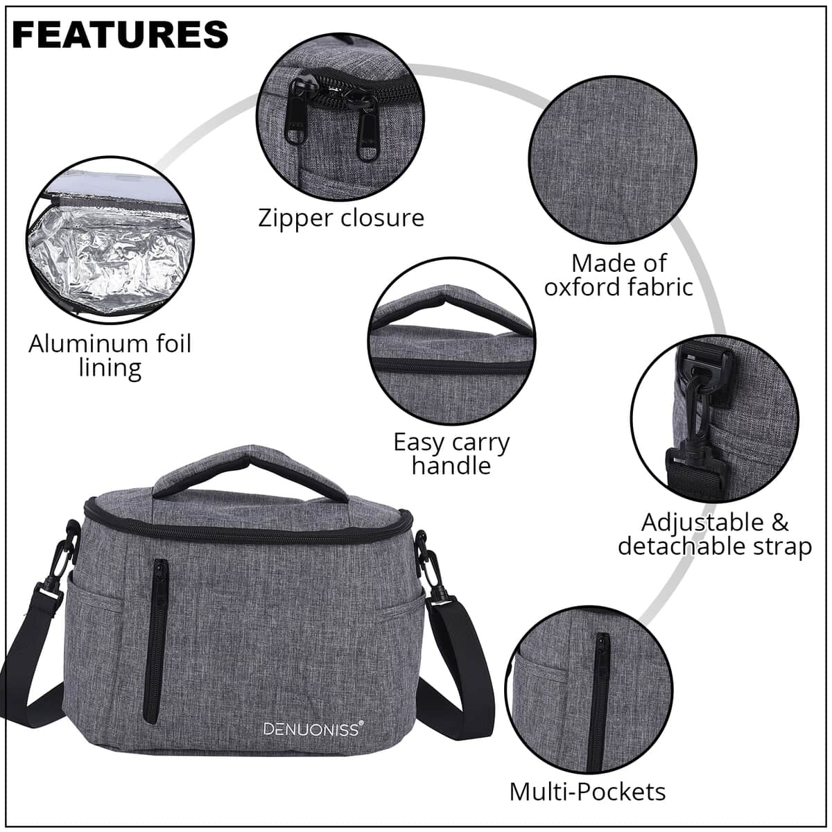 Gray Color Aluminum Foil Lunch Box with Handle Drop and Padded Shoulder Strap (11.42"x7.87") image number 1