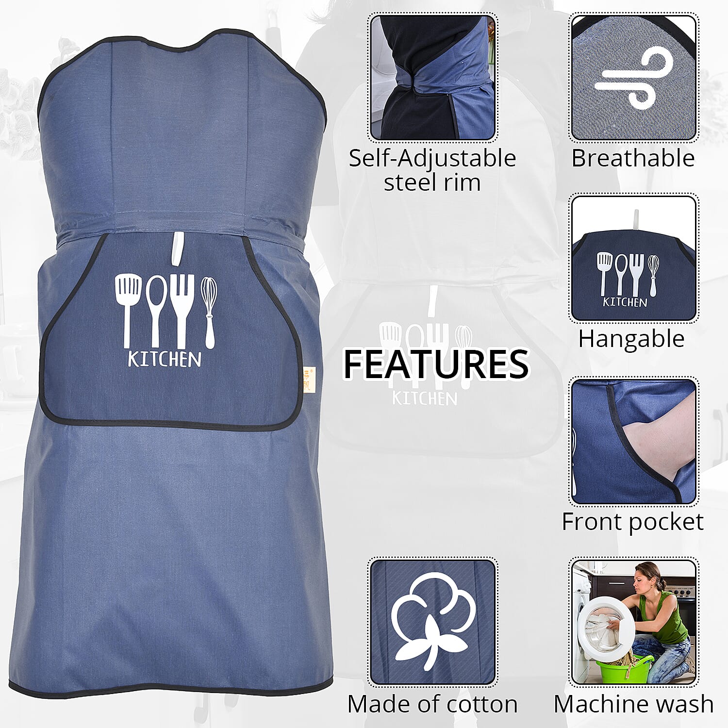Homesmart Navy Blue Cotton Tie-Free Apron