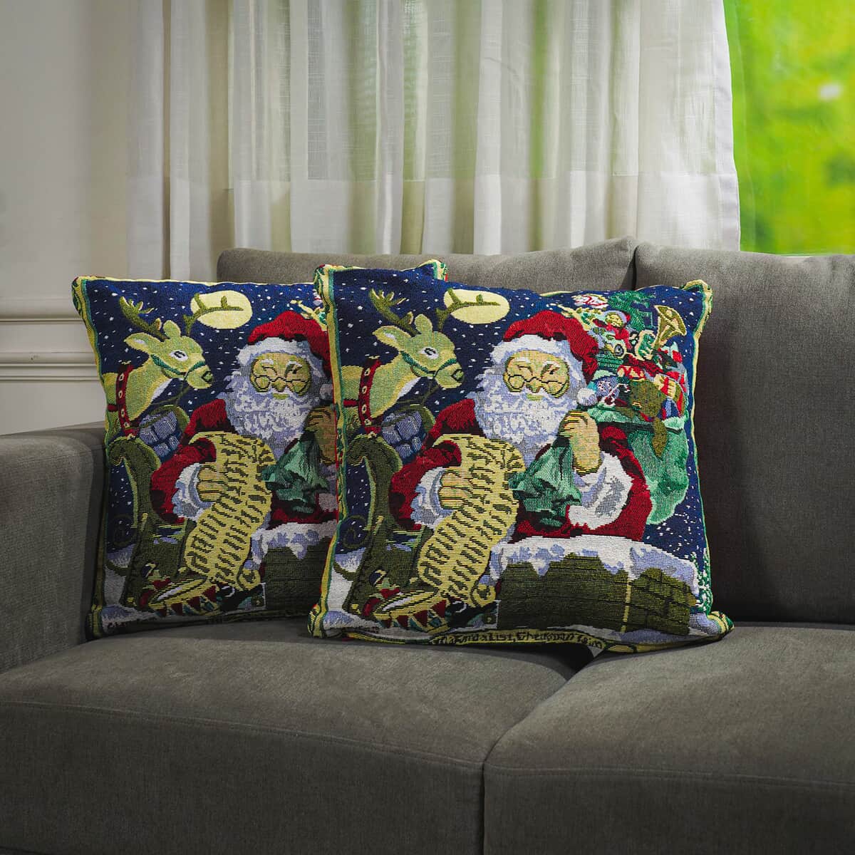 Set of 2 Multi Color Santa Jacquard Woven Cushion Covers, Pillow Protectors, Pillow Cover, Pillow Shams, Pillow Case Covers image number 1