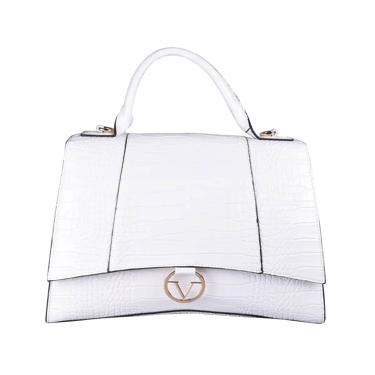 19V69 ITALIA by Alessandro Versace Crocodile Embossed Faux Leather Satchel Bag with Metallic Clasp Closure - White | Cute Satchel Bags | Satchel Messenger Bag | Faux Leather Tote Bags | Women's Utility Bag image number 0