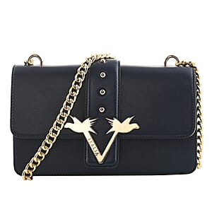 19V69 ITALIA by Alessandro Versace Pebble Texture Faux Leather Crossbody Bag with Magnetic Clasp Closure and Chain Strap - Navy