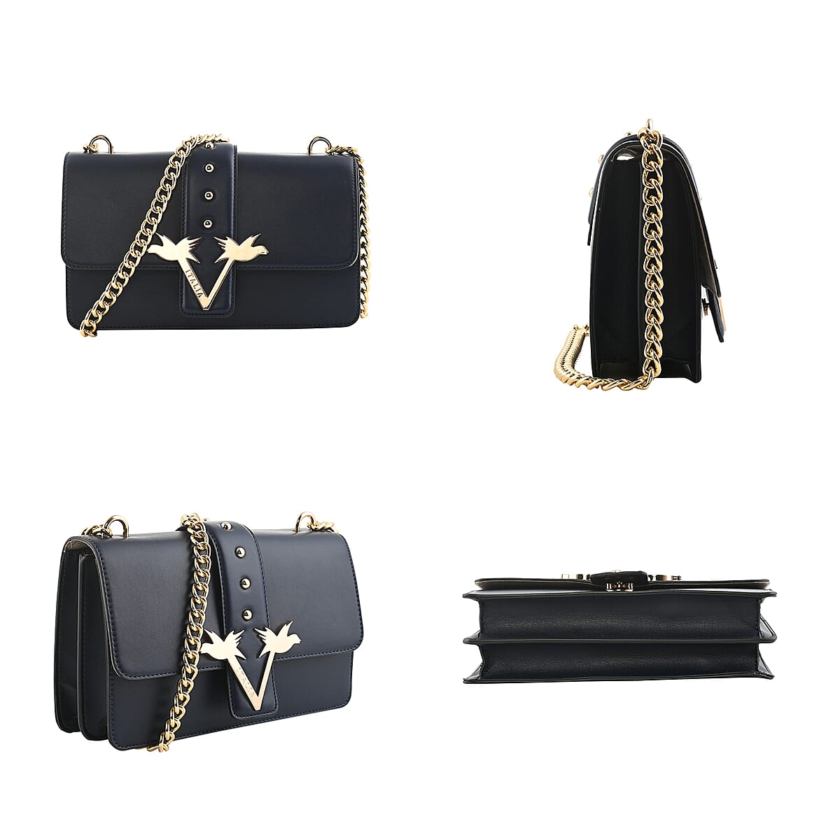 19V69 ITALIA by Alessandro Versace Pebble Texture Faux Leather Crossbody Bag with Magnetic Clasp Closure and Chain Strap - Navy image number 1