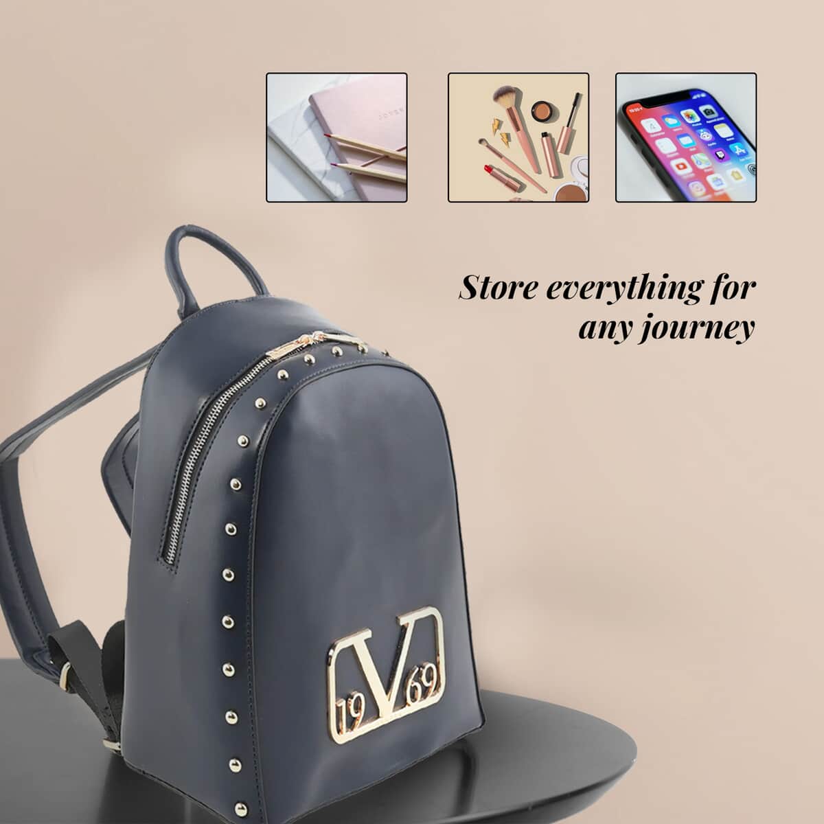 19V69 ITALIA by Alessandro Versace Smooth Texture Faux Leather Backpack for Women with Detachable Strap - Navy , Laptop Backpack , Backpack Purse , Shoulder Bag image number 3