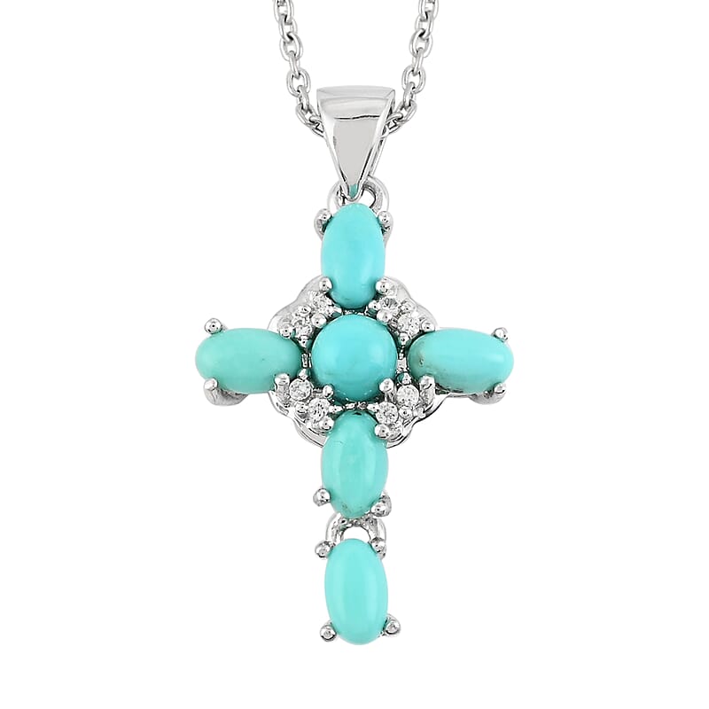 Turquoise and Austrian Crystal Cross Pendant Necklace 18 Inches in Sterling Silver 2.40 ctw
