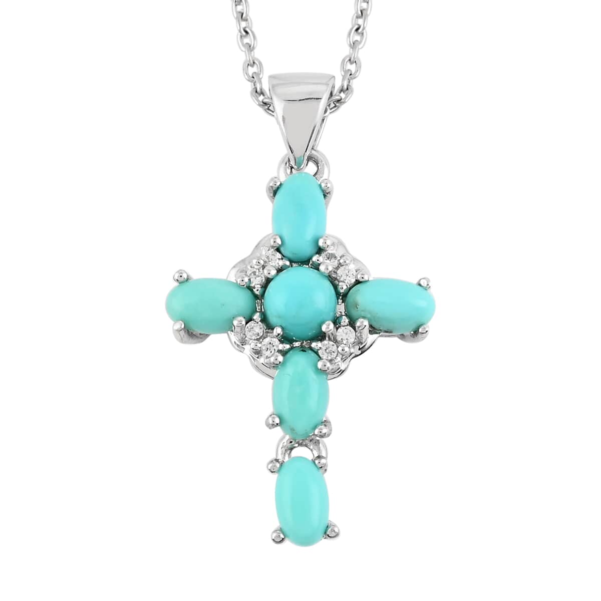 Turquoise and Austrian Crystal Cross Pendant Necklace 18 Inches in Sterling Silver 2.40 ctw image number 0