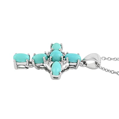 Turquoise and Austrian Crystal Cross Pendant Necklace 18 Inches in Sterling Silver 2.40 ctw