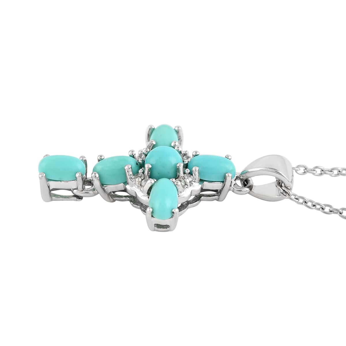 Turquoise and Austrian Crystal Cross Pendant Necklace 18 Inches in Sterling Silver 2.40 ctw image number 2