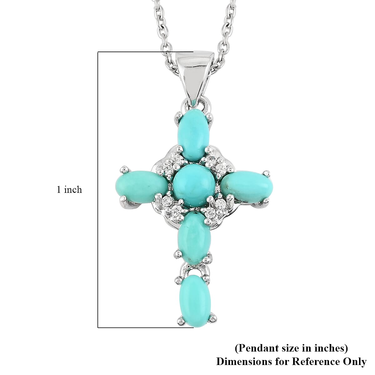 Turquoise and Austrian Crystal Cross Pendant Necklace 18 Inches in Sterling Silver 2.40 ctw