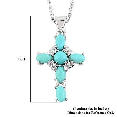 Turquoise and Austrian Crystal Cross Pendant Necklace 18 Inches in Sterling Silver 2.40 ctw