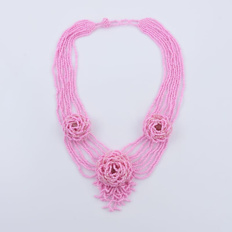 Pink Color Seed Beaded Flower Necklace 20 Inches