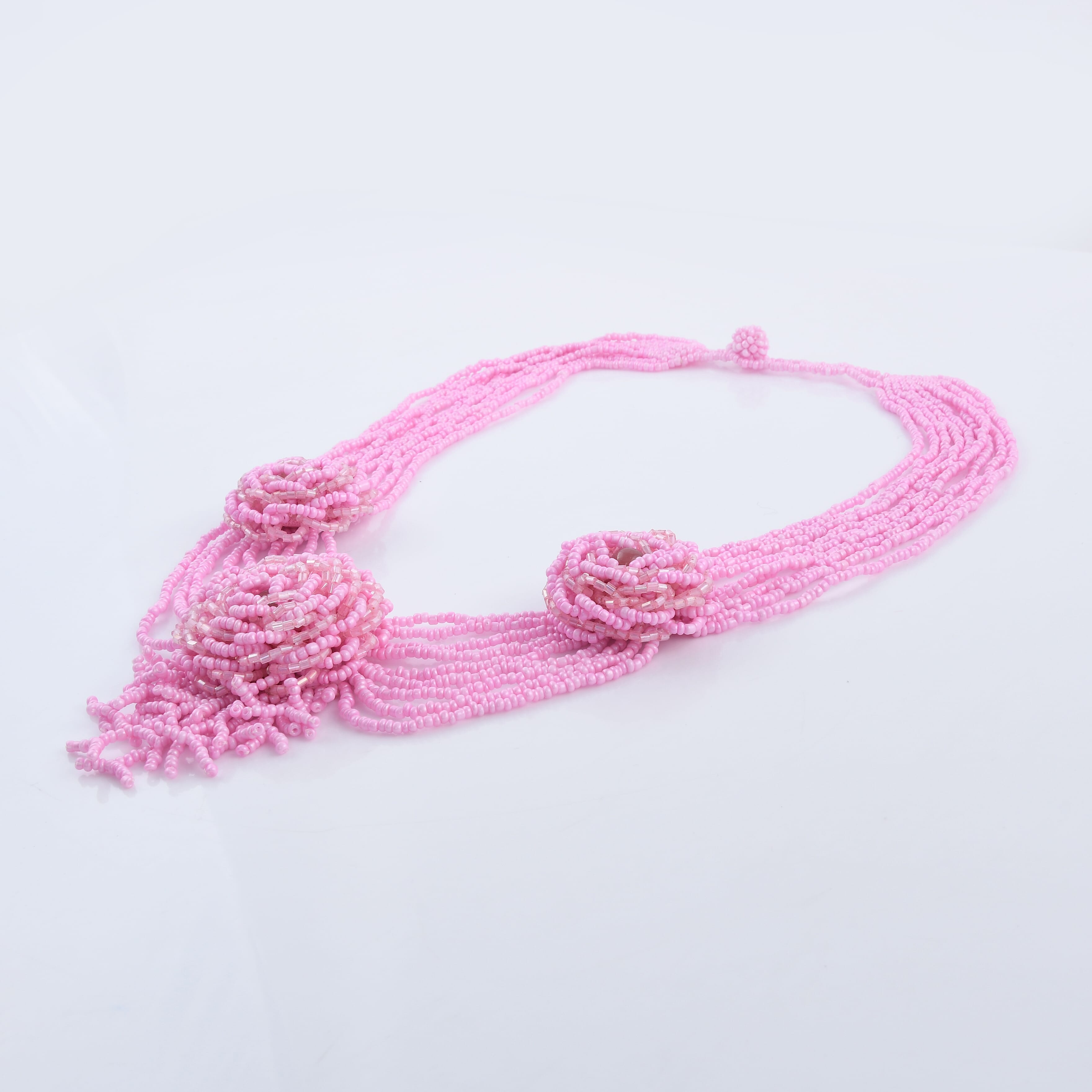 Pink Color Seed Beaded Flower Necklace 20 Inches