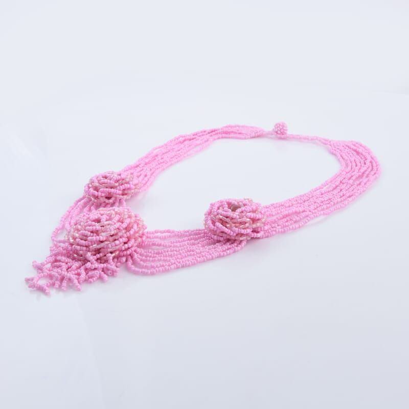 Pink Color Seed Beaded Flower Necklace 20 Inches