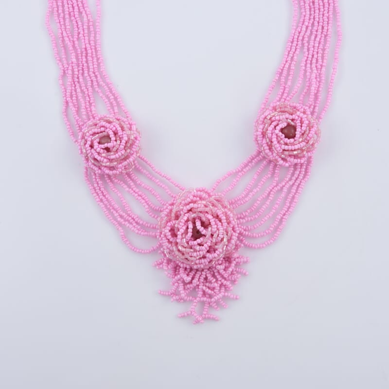 Pink Color Seed Beaded Flower Necklace 20 Inches
