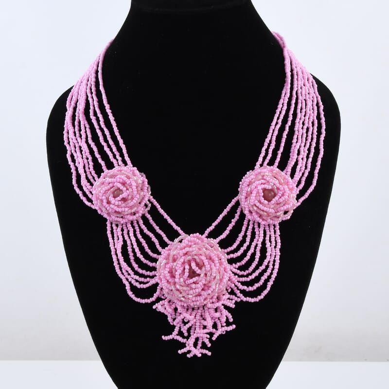 Pink Color Seed Beaded Flower Necklace 20 Inches