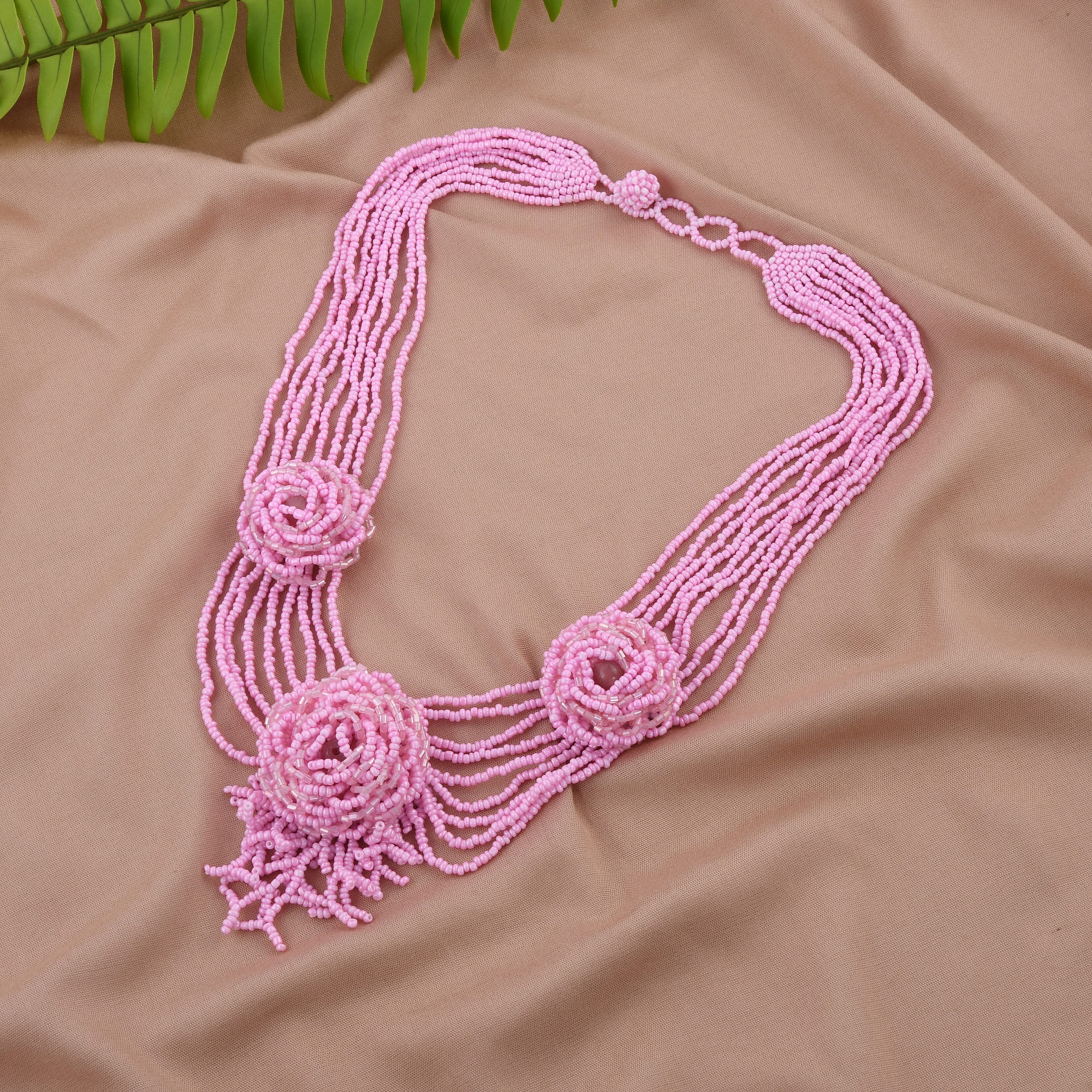Pink Color Seed Beaded Flower Necklace 20 Inches
