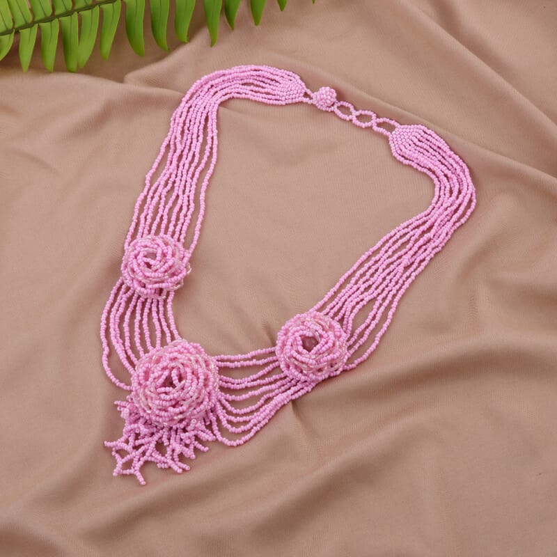 Pink Color Seed Beaded Flower Necklace 20 Inches