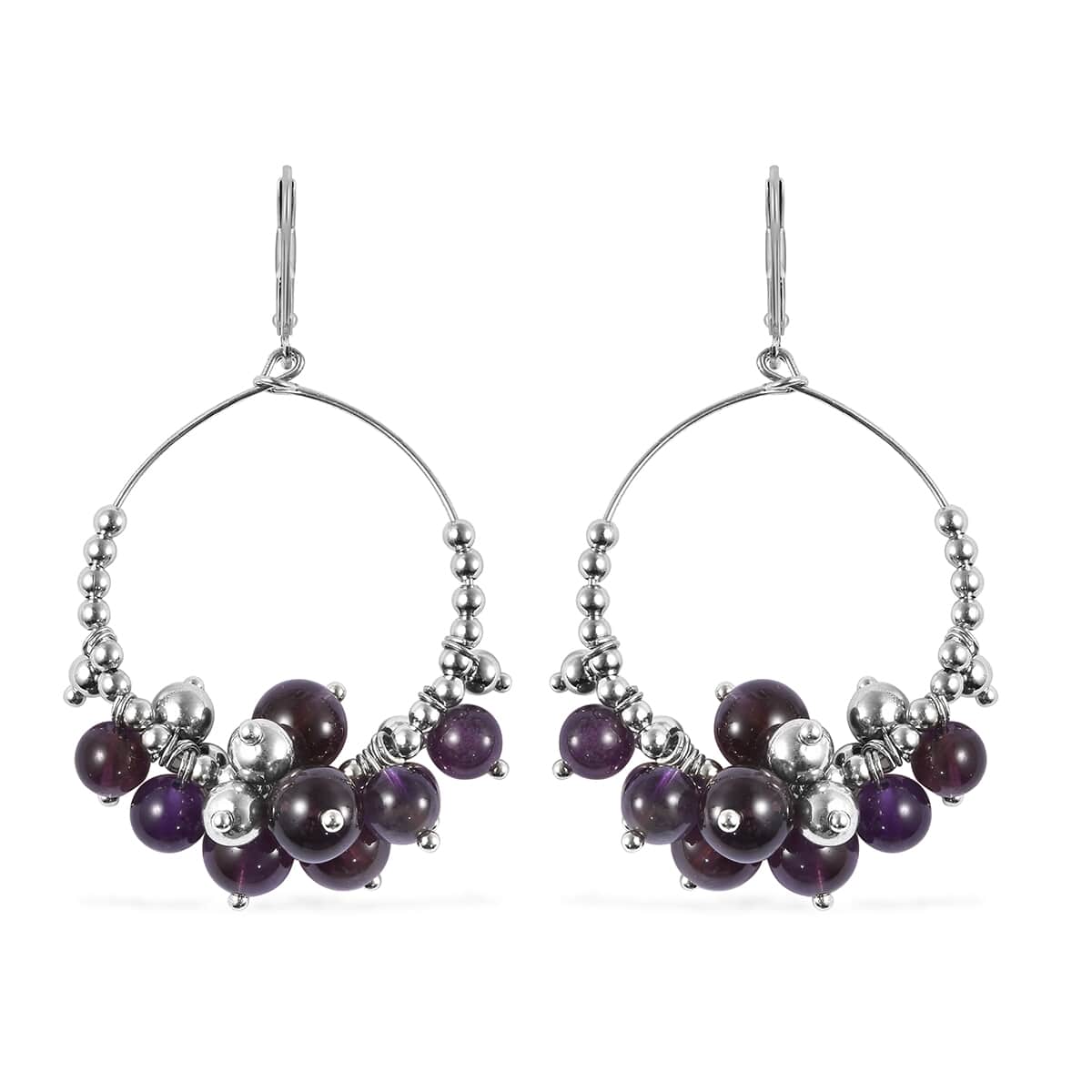 Amethyst Beaded Grape Hoop Earrings in Stainless Steel 46.50 ctw image number 0