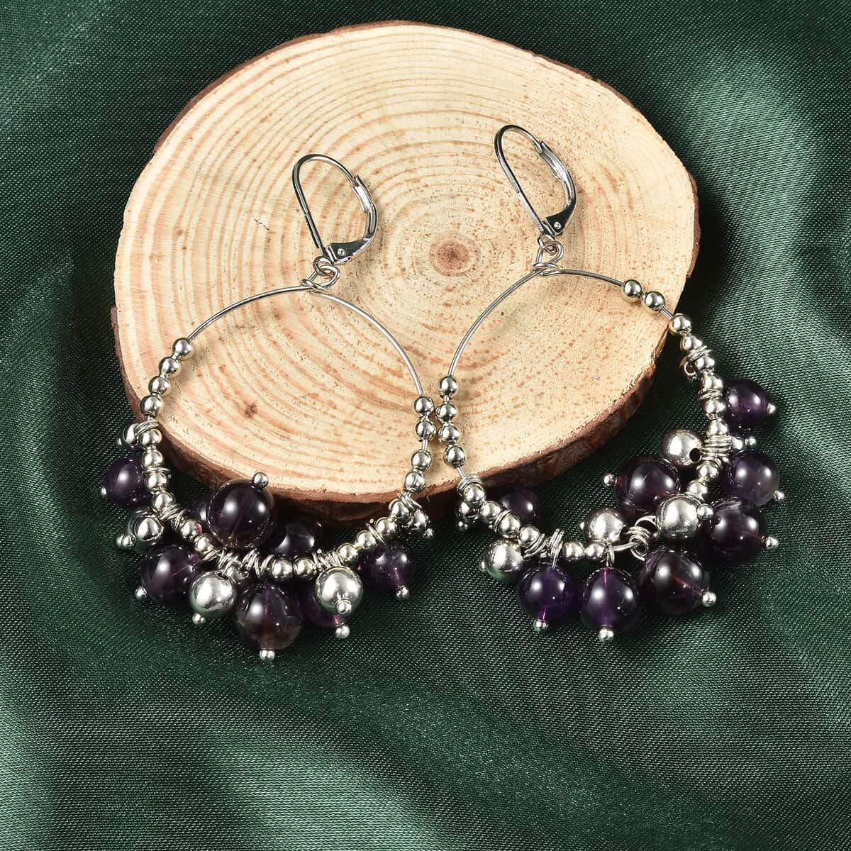 Amethyst Beaded Grape Dangle Earrings in Stainless Steel 46.50 ctw image number 1