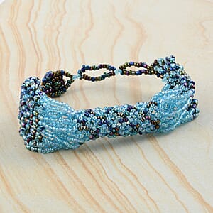 Blue Color Ceramic Seed Beaded Patterned Multi-Purpose Wrist Keychain Bracelet