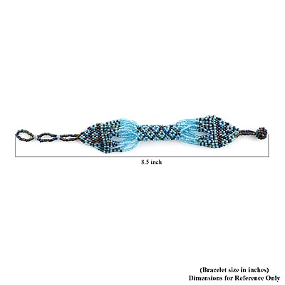 Blue Color Ceramic Seed Beaded Patterned Multi-Purpose Wrist Keychain Bracelet