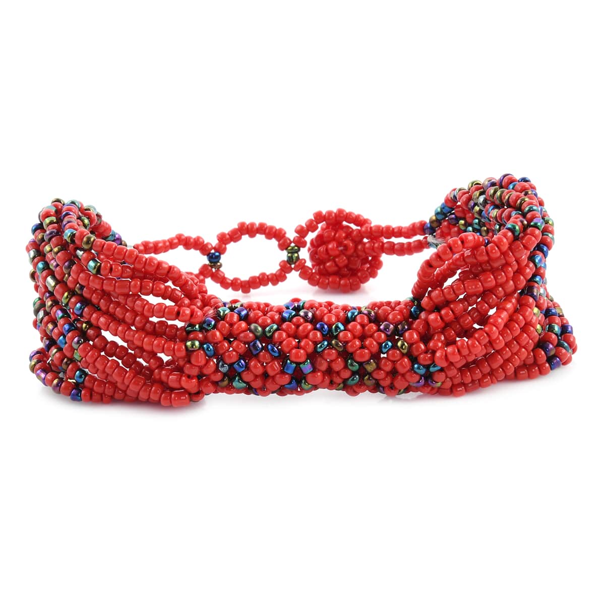 Red Color Ceramic Seed Beaded Patterned Multi-Purpose Wrist Keychain Bracelet image number 0