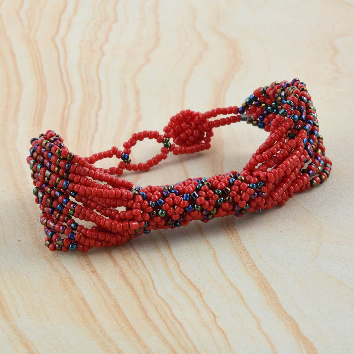 Red Color Ceramic Seed Beaded Patterned Multi-Purpose Wrist Keychain Bracelet image number 1