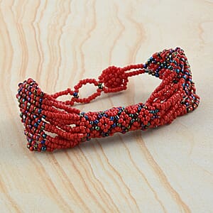 Red Color Ceramic Seed Beaded Patterned Multi-Purpose Wrist Keychain Bracelet