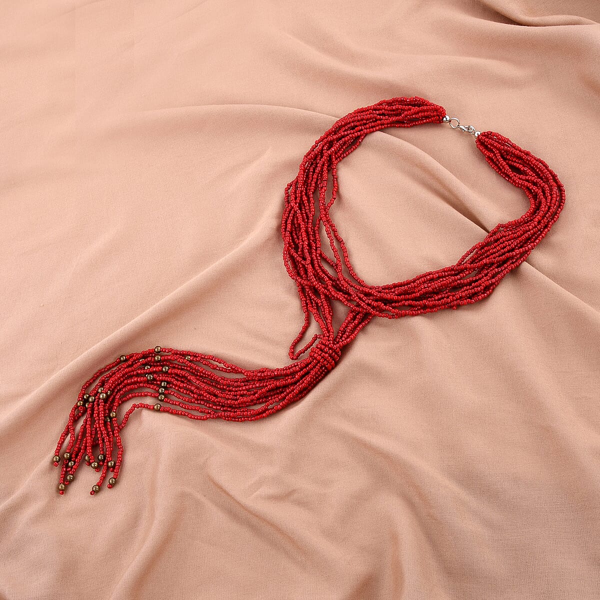 Red Ceramic Multi Strand Beaded Double Wrist Necklace 22 Inches image number 1