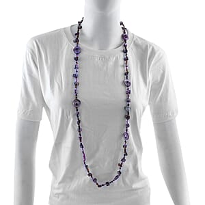 Purple Resin and Multi Color Seed Beaded Endless Necklace 40 Inches