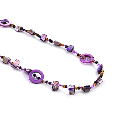 Purple Resin and Multi Color Seed Beaded Endless Necklace 40 Inches