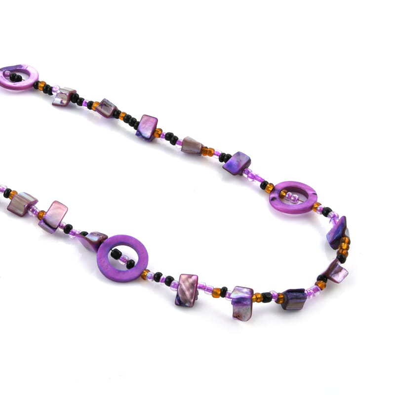 Purple Resin and Multi Color Seed Beaded Endless Necklace 40 Inches