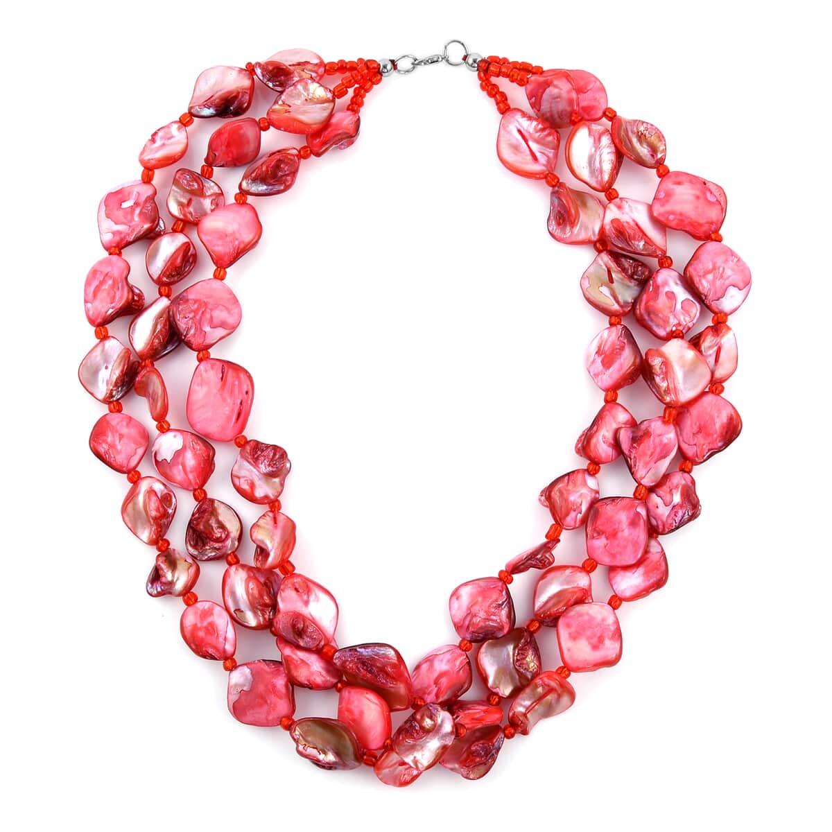 Simulated Red Pearl Multi Strand Necklace in Silvertone 18 Inches image number 0