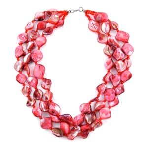 Simulated Red Pearl Multi Strand Necklace 18 Inches in Silvertone