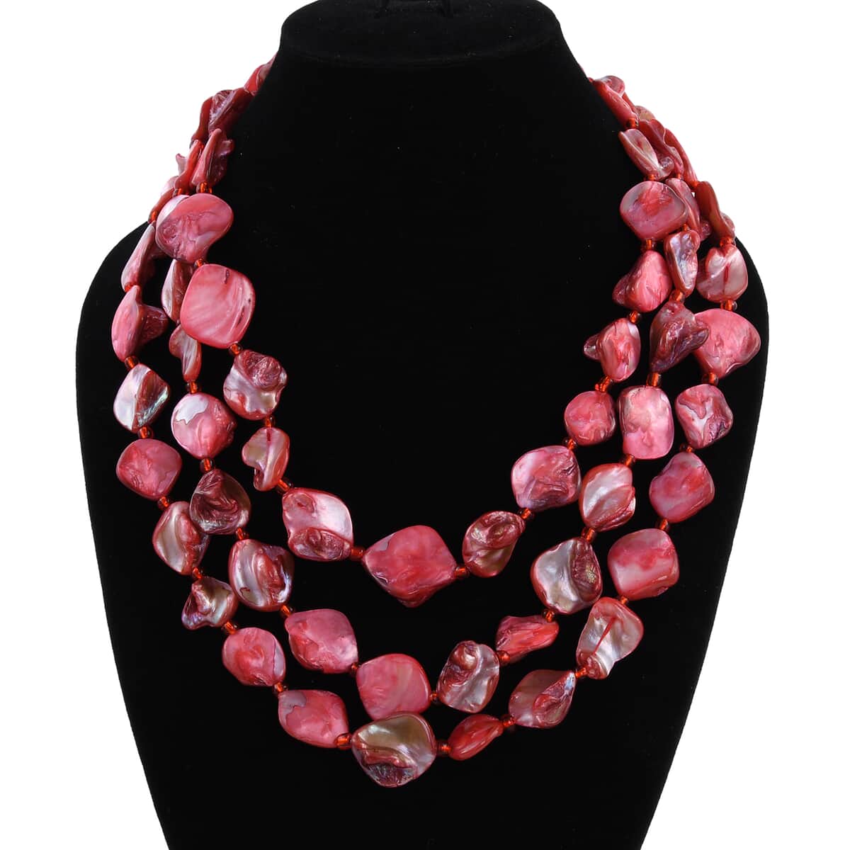 Simulated Red Pearl Multi Strand Necklace 18 Inches in Silvertone image number 2