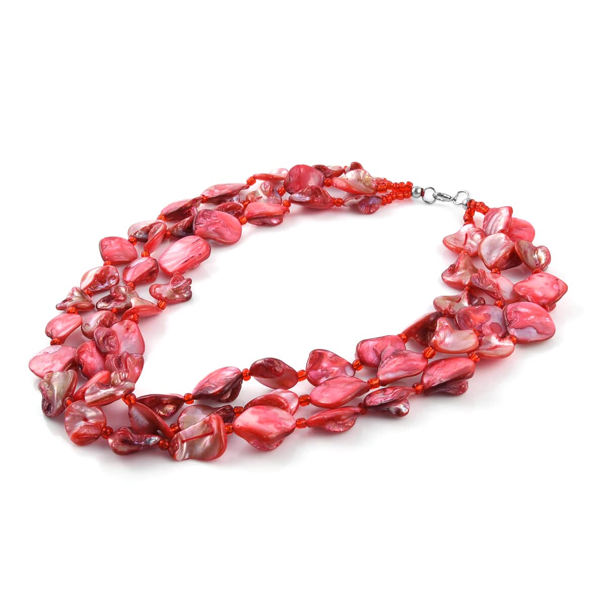 Simulated Red Pearl Multi Strand Necklace 18 Inches in Silvertone image number 3