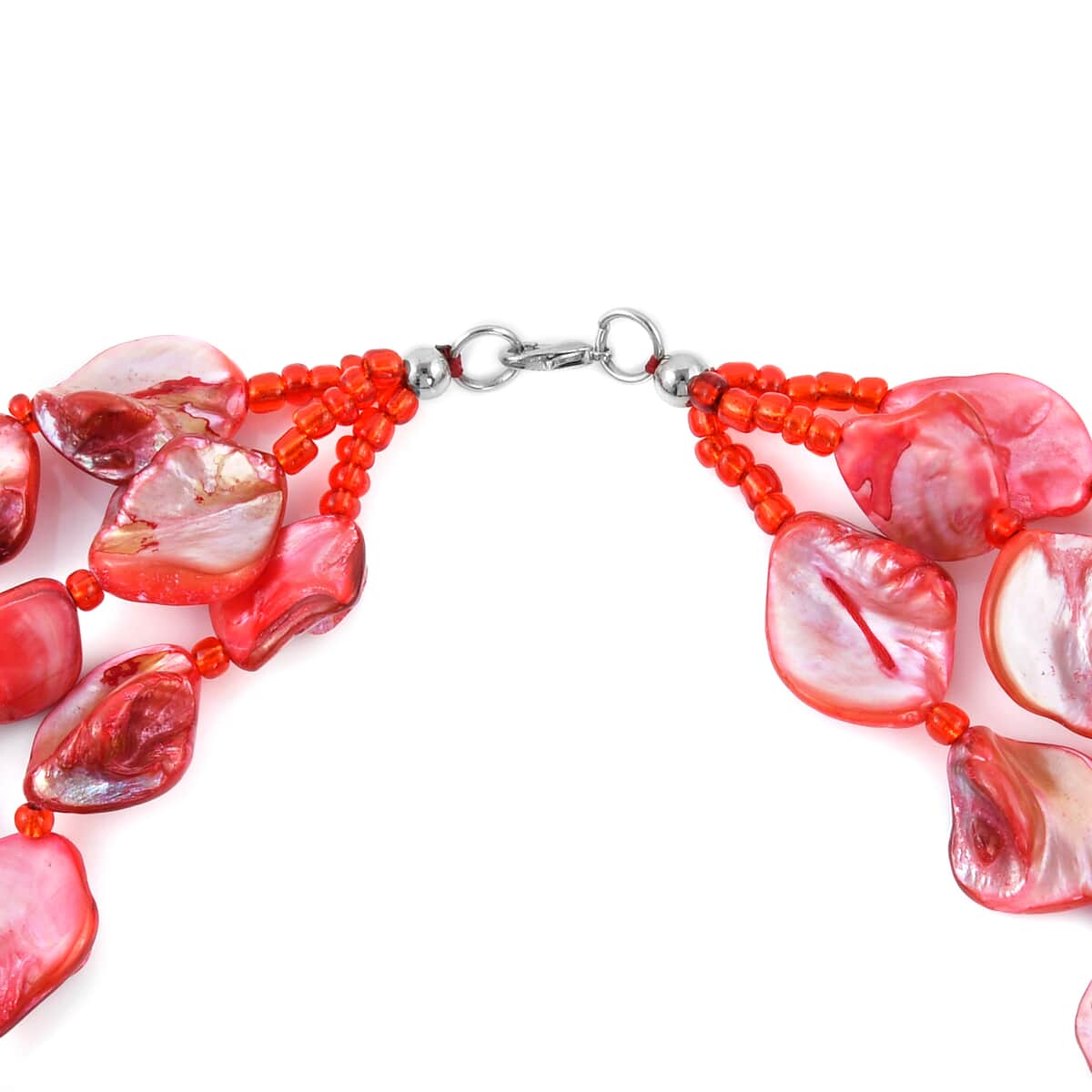 Simulated Red Pearl Multi Strand Necklace in Silvertone 18 Inches image number 4