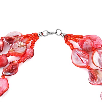 Simulated Red Pearl Multi Strand Necklace in Silvertone 18 Inches
