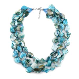 Simulated Turquoise Color Pearl Multi Strand Necklace 18 Inches in Silvertone