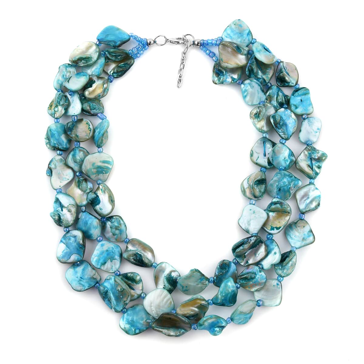 Simulated Turquoise Color Pearl Multi Strand Necklace 18 Inches in Silvertone image number 0