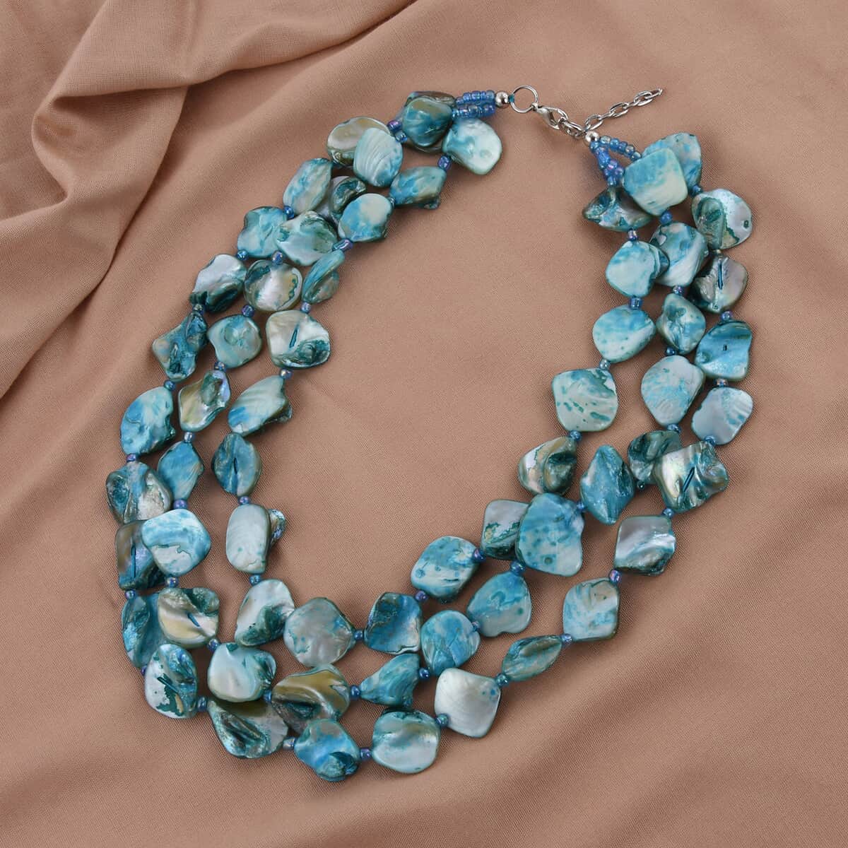 Simulated Turquoise Color Pearl Multi Strand Necklace 18 Inches in Silvertone image number 1