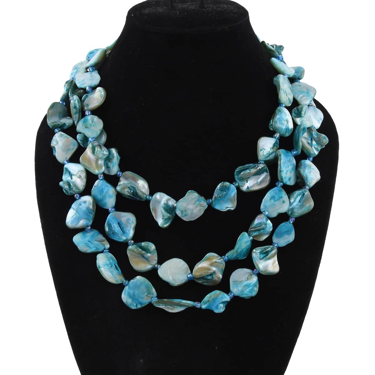 Simulated Turquoise Color Pearl Multi Strand Necklace 18 Inches in Silvertone image number 2