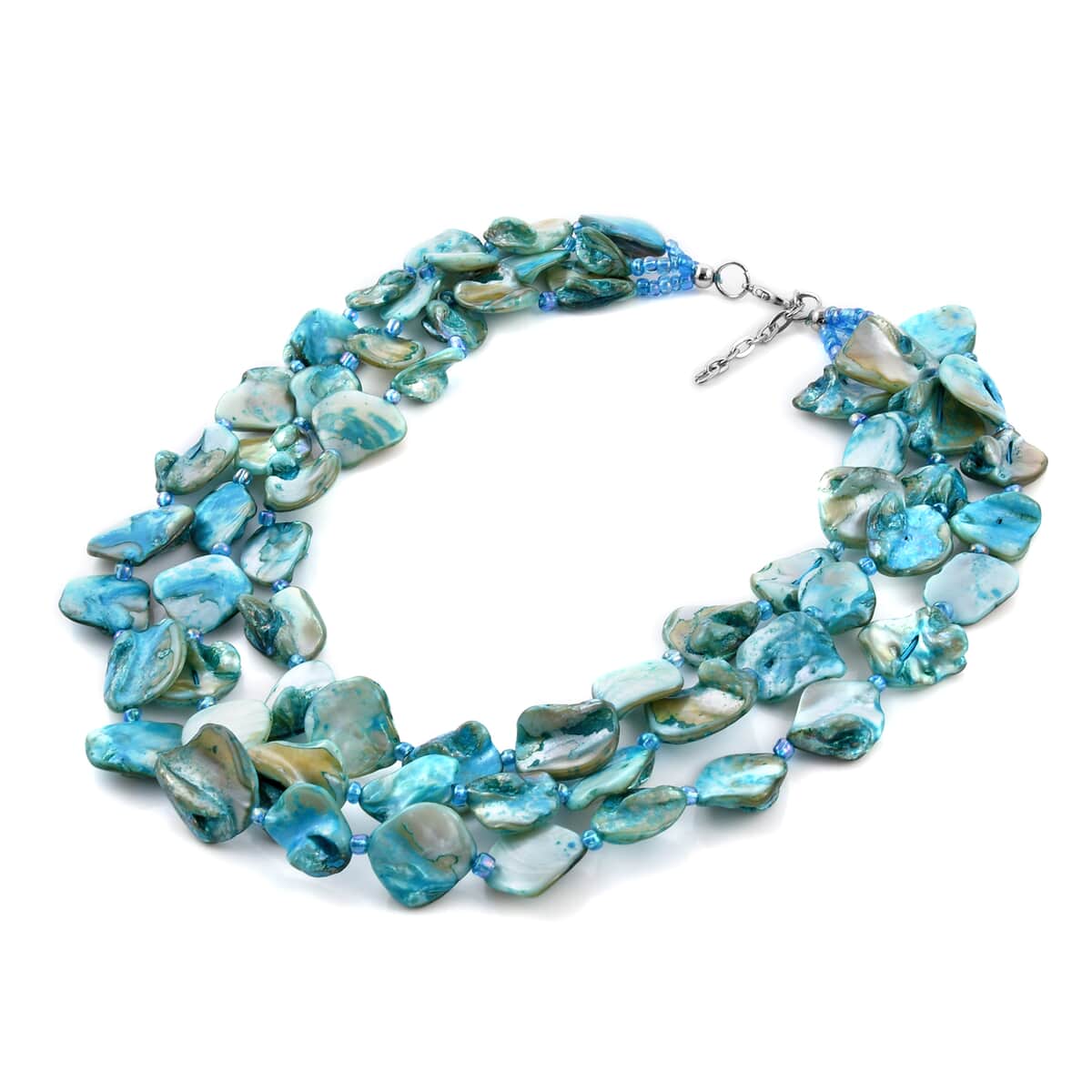 Simulated Turquoise Color Pearl Multi Strand Necklace 18 Inches in Silvertone image number 3