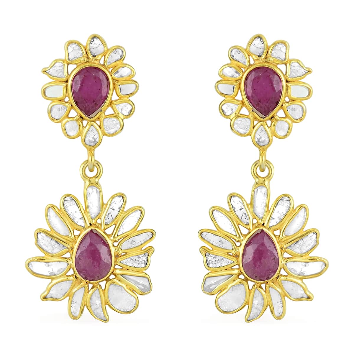 5.95 ctw Sapphire and Polki Diamond Flower Dangle Earrings in 14K Yellow Gold Over Sterling Silver image number 0