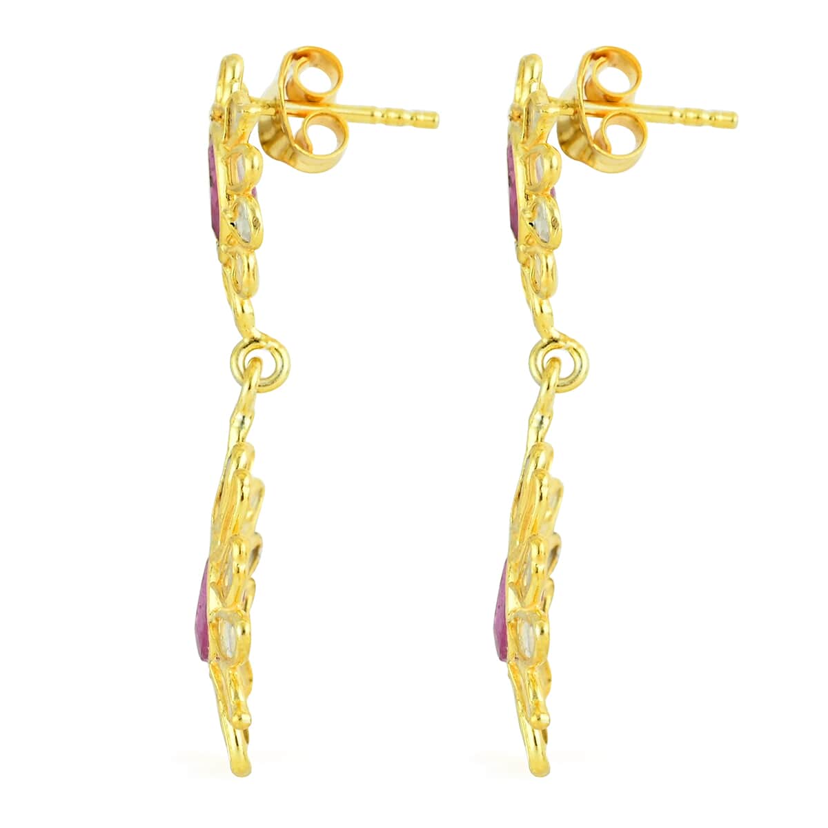 5.95 ctw Sapphire and Polki Diamond Flower Dangle Earrings in 14K Yellow Gold Over Sterling Silver image number 2