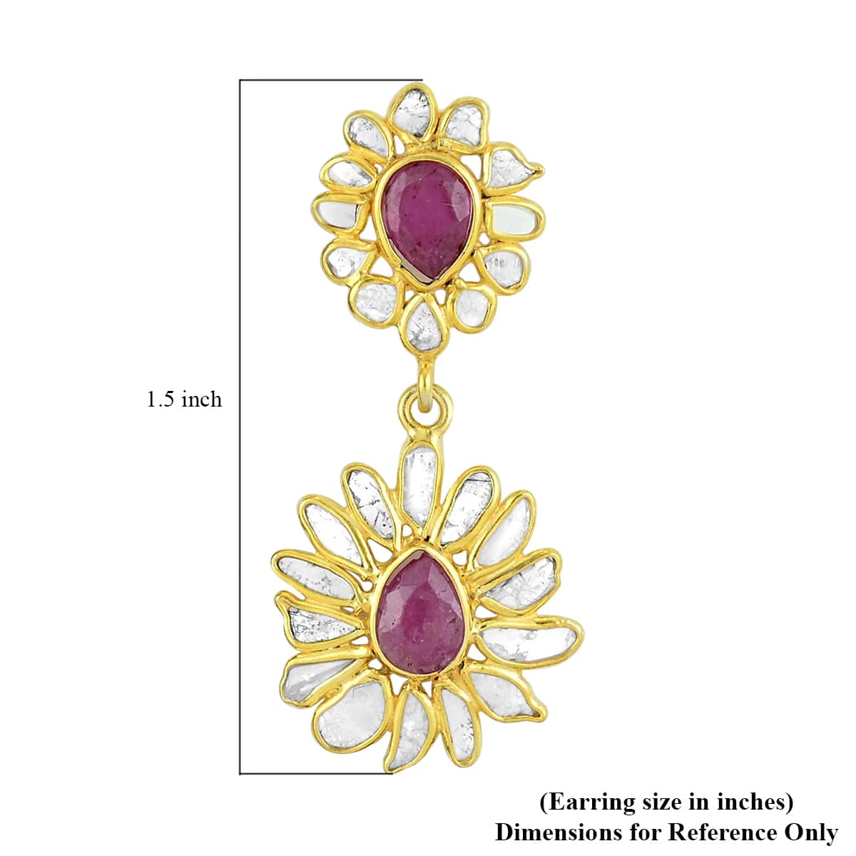 5.95 ctw Sapphire and Polki Diamond Flower Dangle Earrings in 14K Yellow Gold Over Sterling Silver image number 3