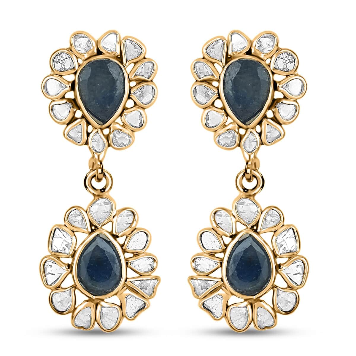 Sapphire and Polki Diamond Flower Dangle Earrings in 14K Yellow Gold Over Sterling Silver 5.90 ctw image number 0