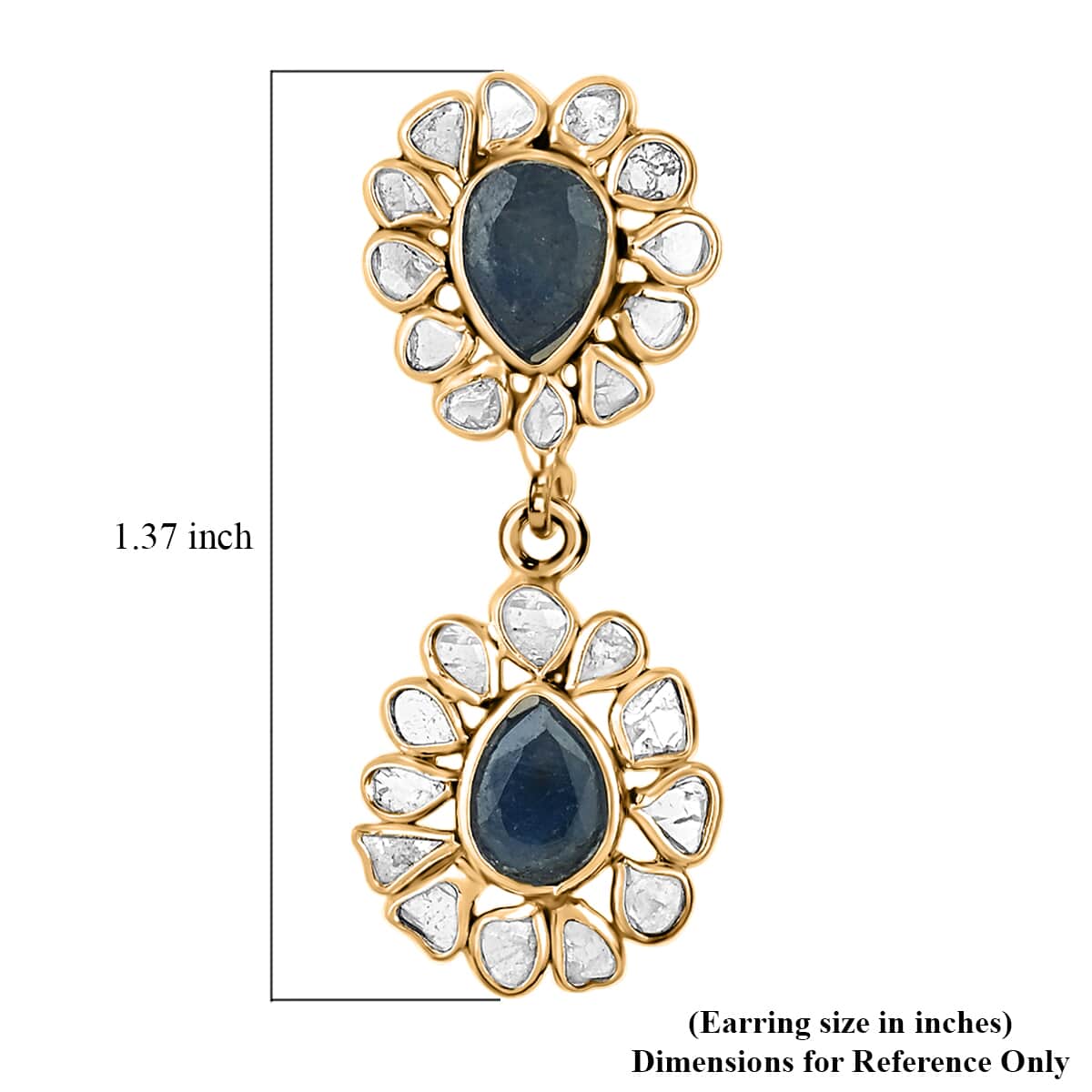 Sapphire and Polki Diamond Flower Dangle Earrings in 14K Yellow Gold Over Sterling Silver 5.90 ctw image number 3