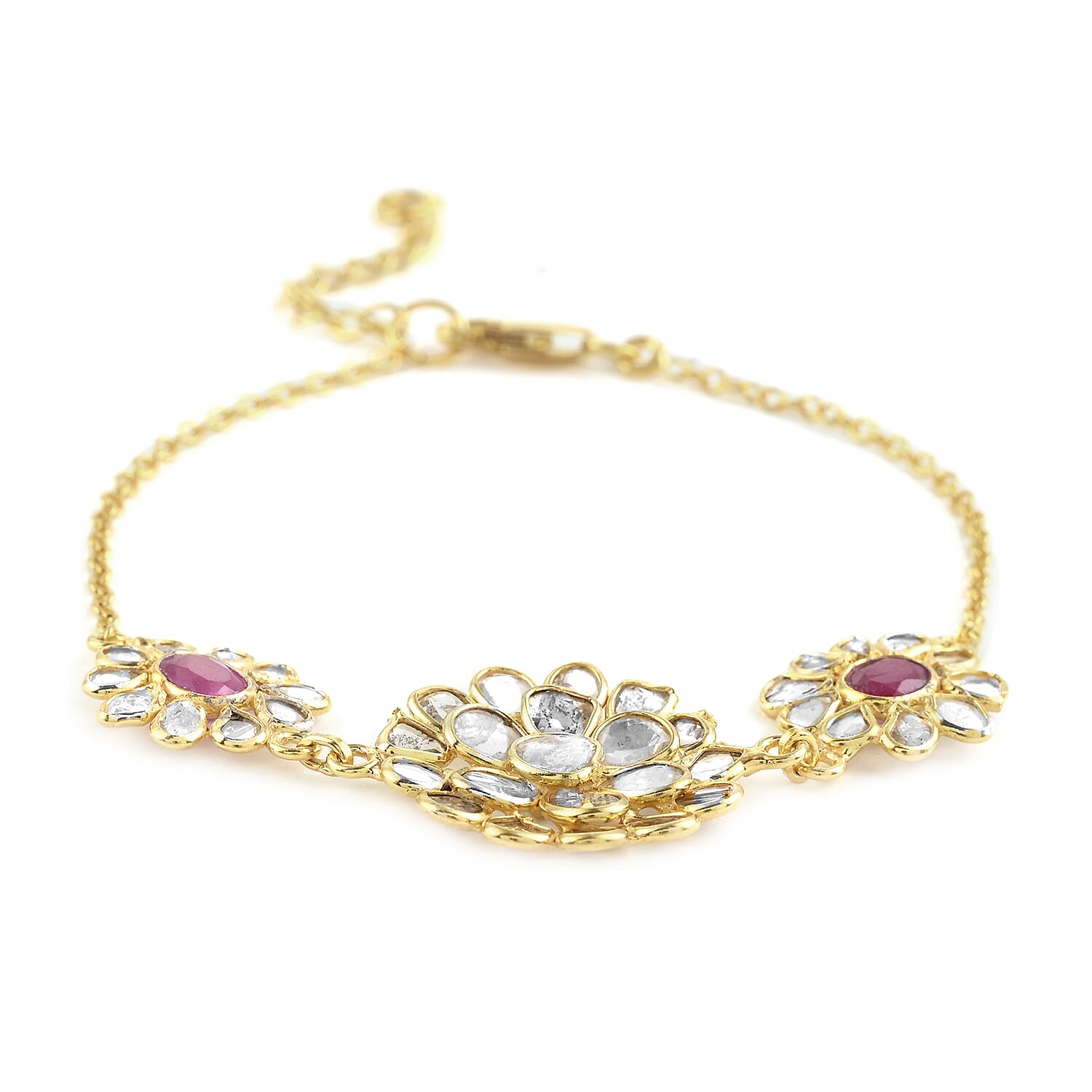 Ruby and Polki Diamond Lotus Floral Bracelet in 14K Yellow Gold Over Sterling Silver (6.50 In) 3.40 ctw